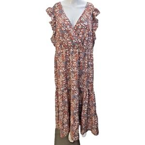 Shein Curve Womans Floral Tiered Babydoll Maxi Dress Size 2X Flutter Sleeve Boho